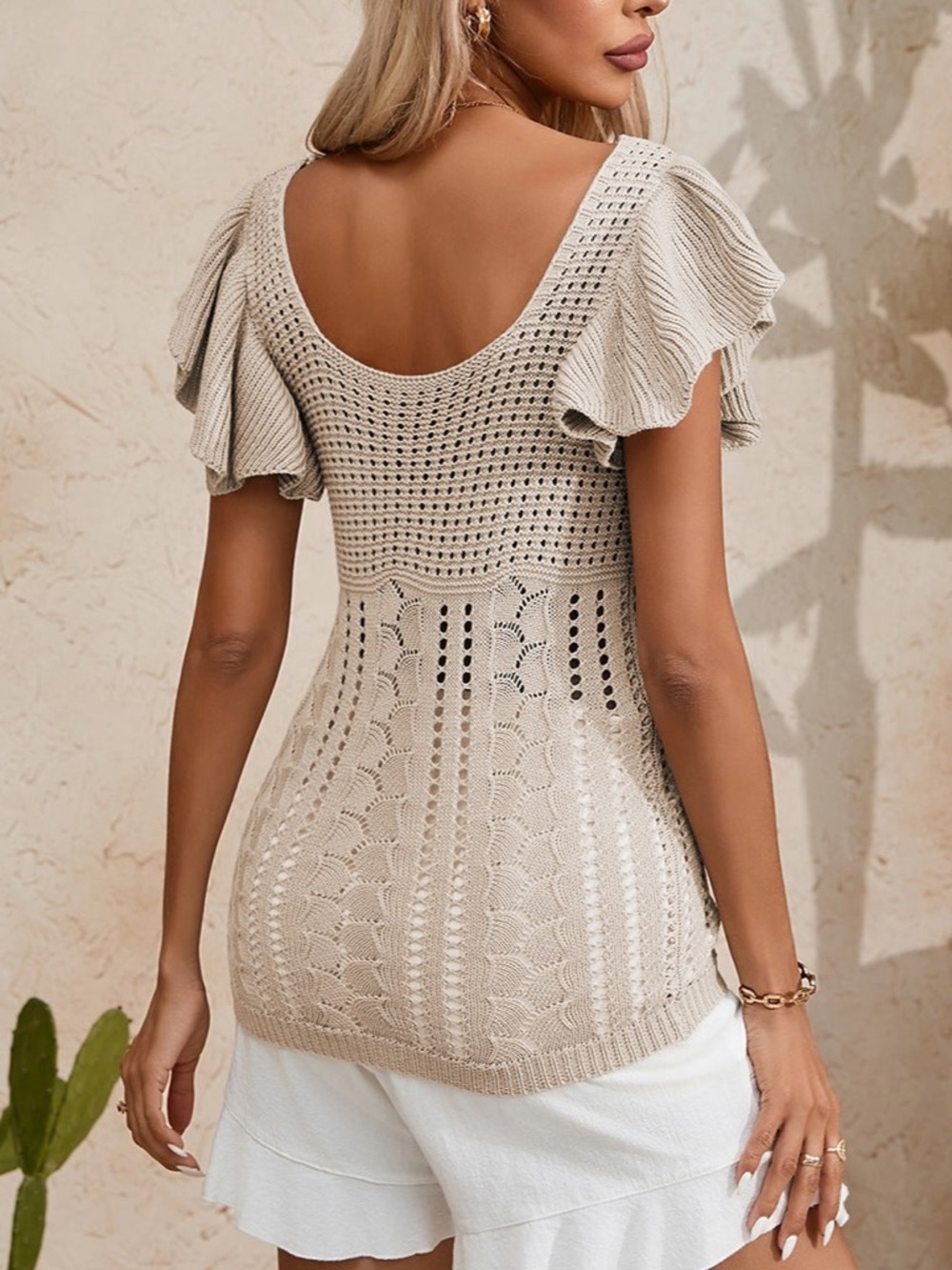 Flutter Sleeve Knit Top, in Tan, Size Large - Picture 6 of 14
